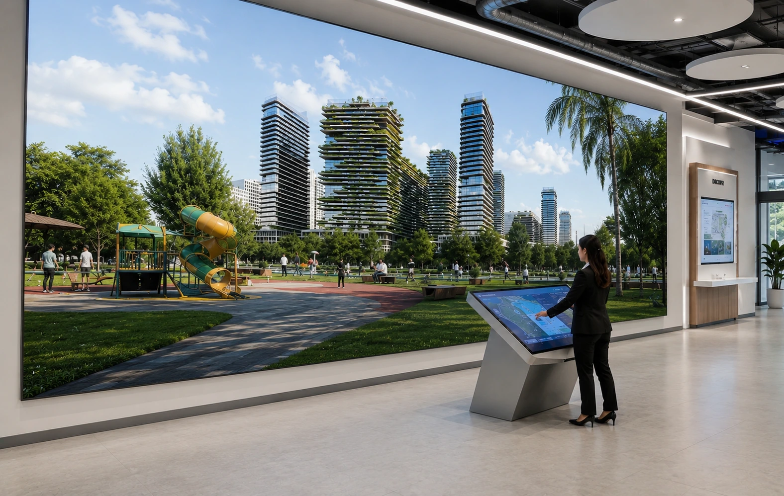 A man in a suit interacting with a large wall-mounted MetaVyom digital twin display showing a photoreal render of a luxury residential development — illustrating how digital twin technology is reshaping property experiences.